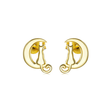 925 Sterling Silver Plated Gold Fashion Simple Moon Cat Stud Earrings