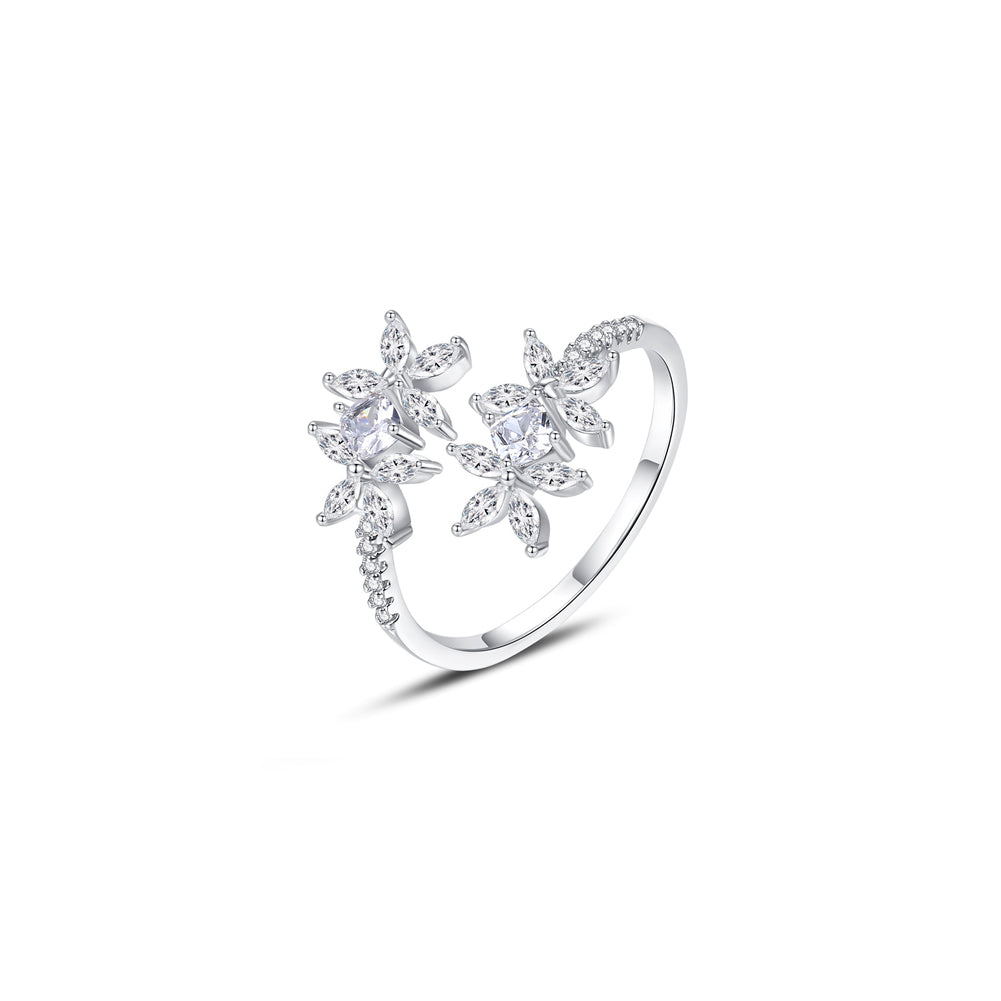 Fashion Bright Flower Adjustable Open Ring with Cubic Zirconia