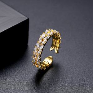 Fashion Elegant Plated Gold Geometric Imitation Pearl Adjustable Open Ring with Cubic Zirconia