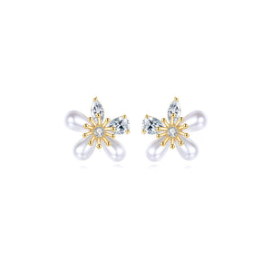 Simple and Elegant Plated Gold Flower Imitation Pearl Stud Earrings with Cubic Zirconia