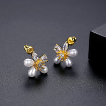 Load image into Gallery viewer, Simple and Elegant Plated Gold Flower Imitation Pearl Stud Earrings with Cubic Zirconia