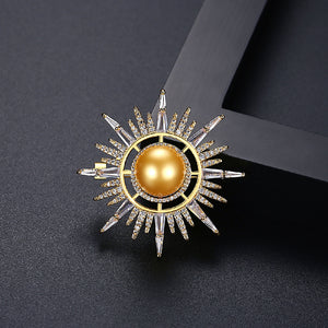 Fashion and Elegant Plated Gold Geometric Yellow Imitation Pearl Brooch with Cubic Zirconia