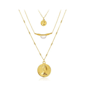 Fashion Elegant Plated Gold Queen Geometric Round Pendant with Imitation Pearls and Multilayer Necklace