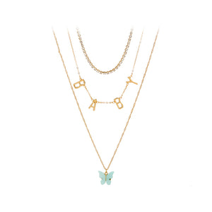 Fashion Elegant Plated Gold Alphabet Baby Butterfly Pendant with Cubic Zirconia and Multilayer Necklace