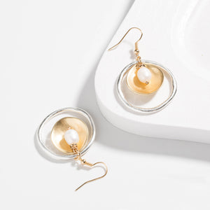 Fashion Temperament Plated Gold Two Tone Geometric Round Imitation Pearl Earrings