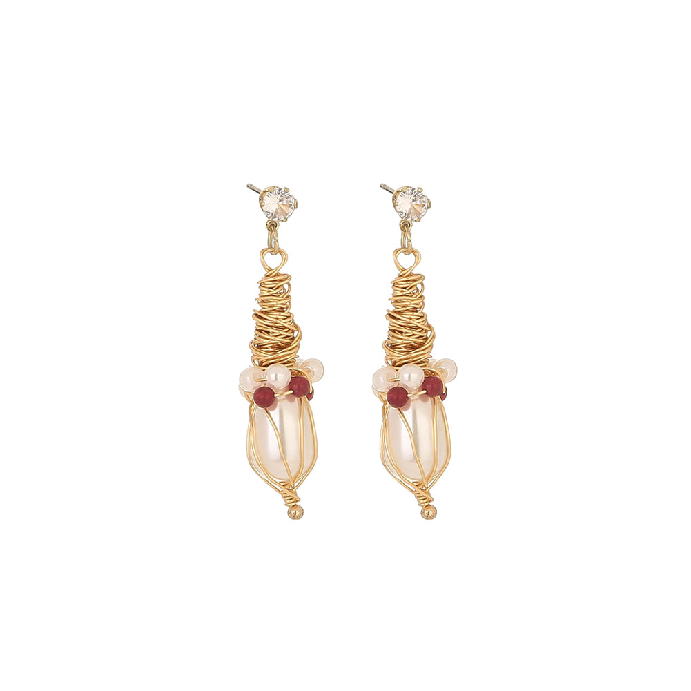 Fashion Elegant Plated Gold Wrap Line Geometric Earrings with Imitation Pearls