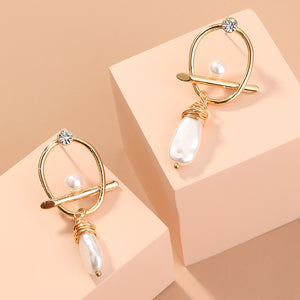 Fashion and Elegant Plated Gold Hollow Geometric Earrings with Irregular Imitation Pearls