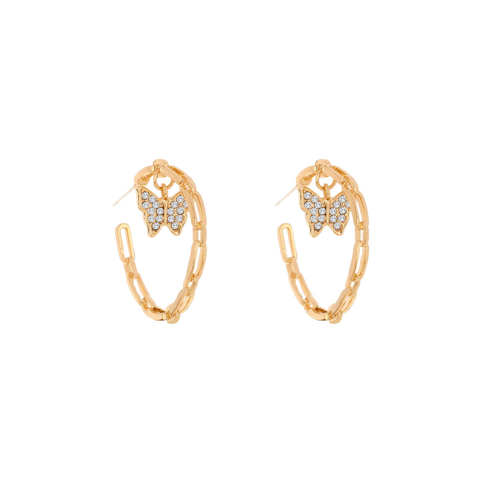 Fashion Simple Plated Gold Butterfly Chain C-Shape Geometric Stud Earrings with Cubic Zirconia