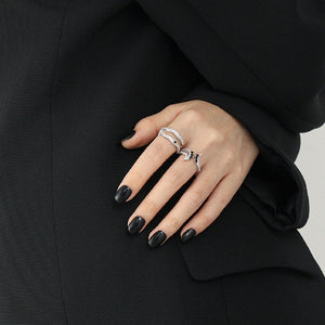 925 Sterling Silver Simple Personality Hollow Geometry Adjustable Open Ring with Black Cubic Zirconia