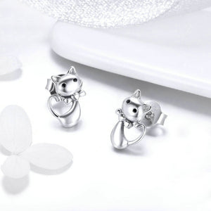 925 Sterling Silver Cute Sweet Cat Stud Earrings with Cubic Zirconia