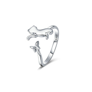 925 Sterling Silver Fashion Simple Cat Butterfly Geometric Adjustable Open Ring