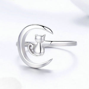 925 Sterling Silver Simple Fashion Moon Cat Adjustable Open Ring