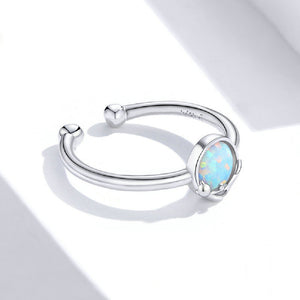 925 Sterling Silver Fashion Temperament Cat Geometric Round Opal Adjustable Open Ring