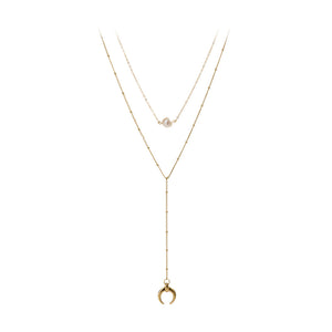 Fashion Simple Plated Gold Moon Tassel Pendant with Imitation Pearls and Double Layer Necklace