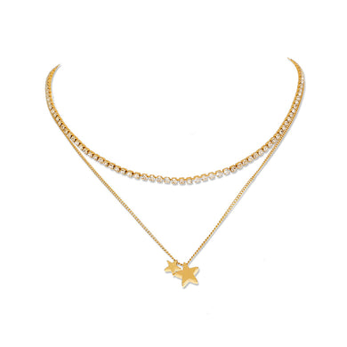 Simple Fashion Plated Gold Star Pendant with Cubic Zirconia and Double Layer Necklace