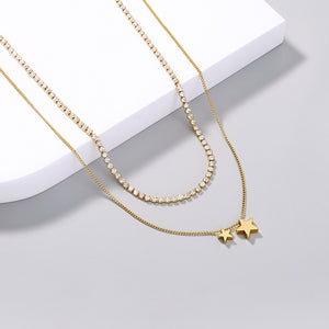 Simple Fashion Plated Gold Star Pendant with Cubic Zirconia and Double Layer Necklace