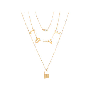 Fashion Simple Plated Gold Love Alphabet Lock Pendant with Cubic Zirconia and Multilayer Necklace