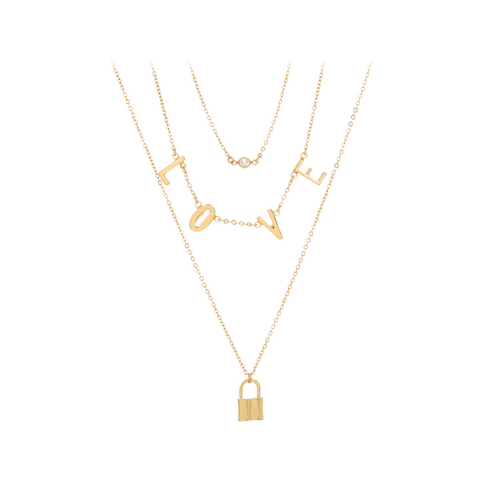 Fashion Simple Plated Gold Love Alphabet Lock Pendant with Cubic Zirconia and Multilayer Necklace