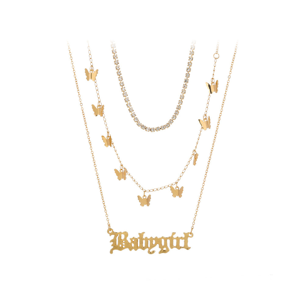 Fashion Elegant Plated Gold Butterfly Babygirl Double Layer Necklace with Cubic Zirconia