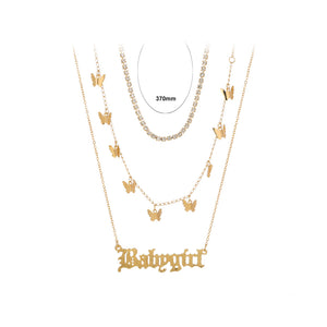 Fashion Elegant Plated Gold Butterfly Babygirl Double Layer Necklace with Cubic Zirconia