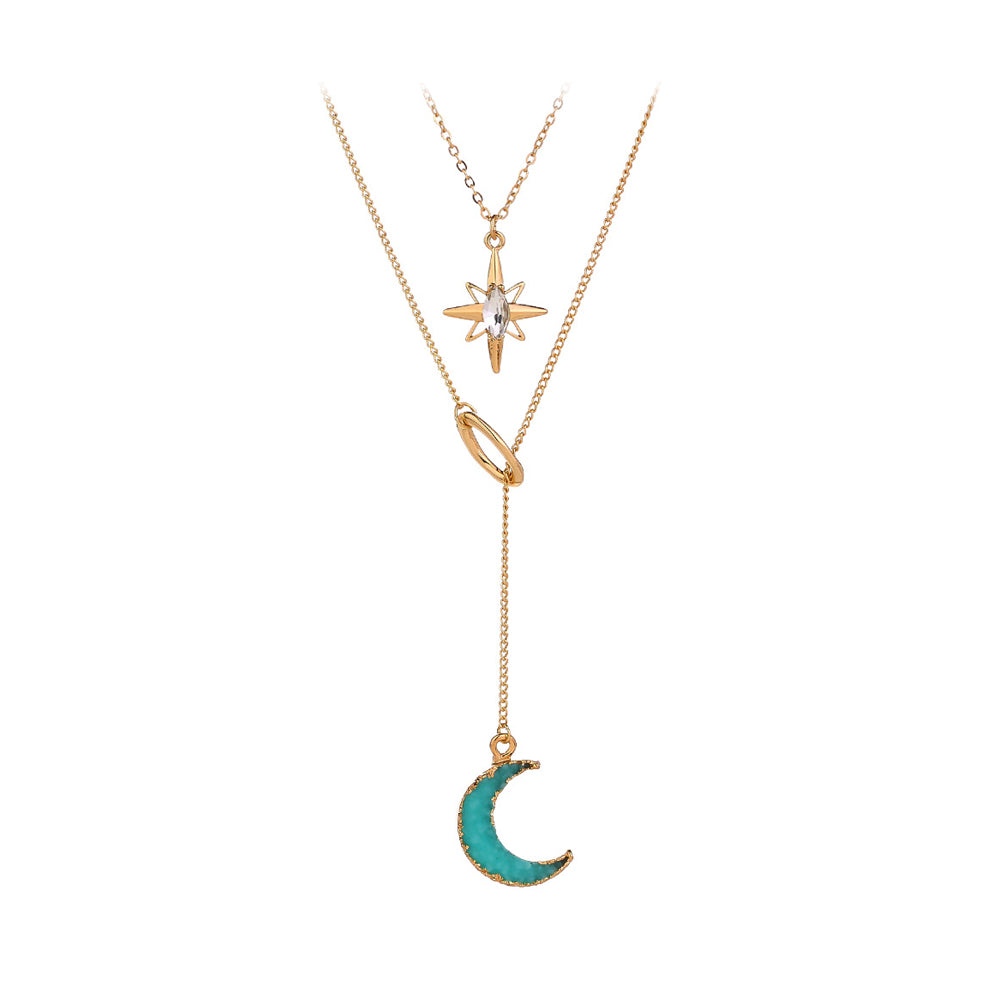 Fashion Simple Plated Gold Moon Star Tassel Pendant with Cubic Zirconia and Double Layer Necklace