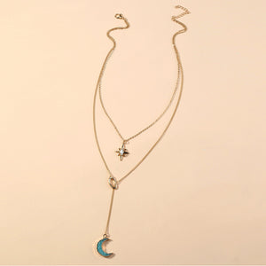 Fashion Simple Plated Gold Moon Star Tassel Pendant with Cubic Zirconia and Double Layer Necklace