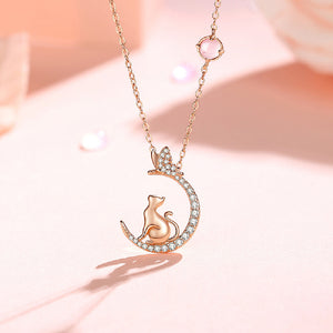 925 Sterling Silver Plated Rose Gold Fashion Butterfly Moon Cat Pendant with Cubic Zirconia and Necklace