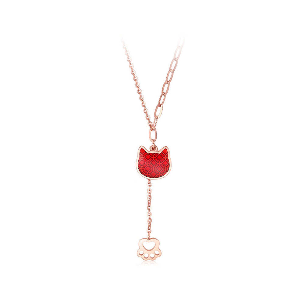 925 Sterling Silver Plated Rose Gold Fashion Temperament Coin Pattern Cat Tassel Pendant with Necklace