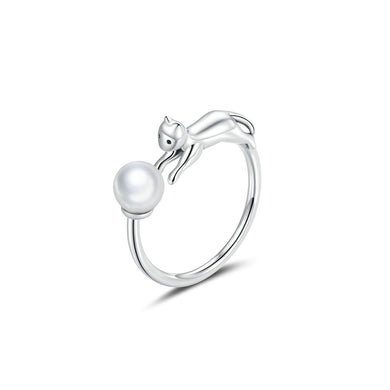 925 Sterling Silver Simple Cute Cat Imitation Pearl Adjustable Geometric Ring