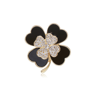 Fashion and Elegant Plated Gold Black Four-leafed Clover Brooch with Cubic Zirconia