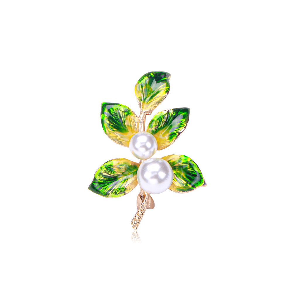 Fashion Elegant Plated Gold Enamel Green Leaf Imitation Pearl Brooch