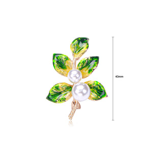 Fashion Elegant Plated Gold Enamel Green Leaf Imitation Pearl Brooch