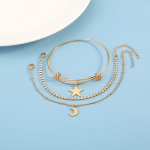 Simple Temperament Plated Gold Star Moon Multilayer Bracelet with Cubic Zirconia
