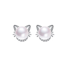 Load image into Gallery viewer, 925 Sterling Silver Fashion Cute Cat Imitation Pearl Stud Earrings with Cubic Zirconia