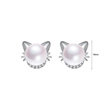 Load image into Gallery viewer, 925 Sterling Silver Fashion Cute Cat Imitation Pearl Stud Earrings with Cubic Zirconia