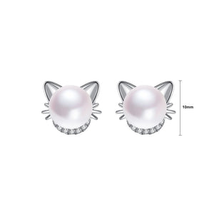 925 Sterling Silver Fashion Cute Cat Imitation Pearl Stud Earrings with Cubic Zirconia
