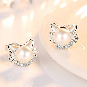 925 Sterling Silver Fashion Cute Cat Imitation Pearl Stud Earrings with Cubic Zirconia