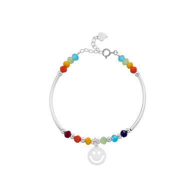 925 Sterling Silver Fashion Temperament Smiley Round Colorful Beanie Beaded Bracelet
