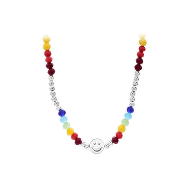 925 Sterling Silver Fashion Temperament Smiley Round Colorful Beaded Necklace