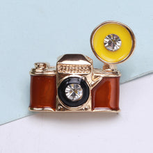 Load image into Gallery viewer, Fashion Vintage Plated Gold Enamel Camera Brooch with Cubic Zirconia