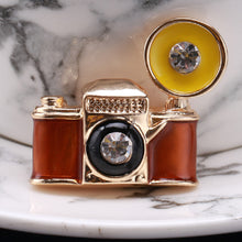 Load image into Gallery viewer, Fashion Vintage Plated Gold Enamel Camera Brooch with Cubic Zirconia