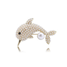 Load image into Gallery viewer, Elegant and Lovely Plated Gold Dolphin Imitation Pearl Brooch with Cubic Zirconia