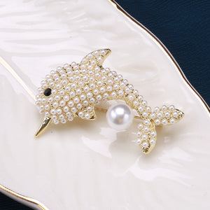 Elegant and Lovely Plated Gold Dolphin Imitation Pearl Brooch with Cubic Zirconia