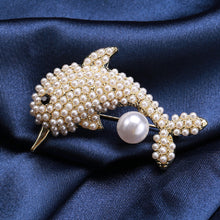 Load image into Gallery viewer, Elegant and Lovely Plated Gold Dolphin Imitation Pearl Brooch with Cubic Zirconia