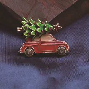Fashion Creative Plated Gold Enamel Christmas Tree Car Brooch with Cubic Zirconia