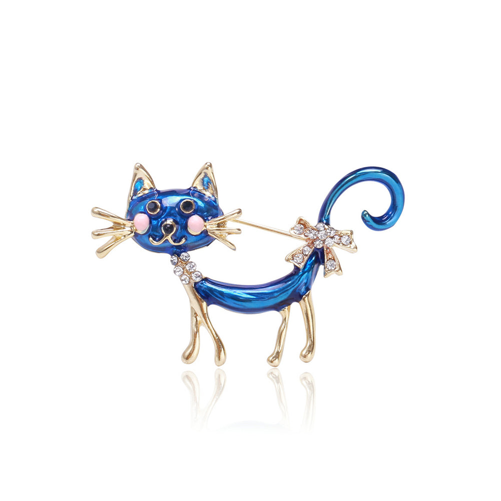Simple Lovely Plated Gold Enamel Blue Cat Brooch with Cubic Zirconia