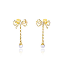 Load image into Gallery viewer, 925 Sterling Silver Plated Gold Fashion Sweet Ribbon Imitation Pearl Tassel Earrings with Cubic Zirconia