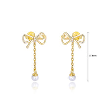 Load image into Gallery viewer, 925 Sterling Silver Plated Gold Fashion Sweet Ribbon Imitation Pearl Tassel Earrings with Cubic Zirconia