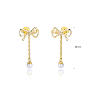 925 Sterling Silver Plated Gold Fashion Sweet Ribbon Imitation Pearl Tassel Earrings with Cubic Zirconia