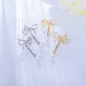 925 Sterling Silver Plated Gold Fashion Sweet Ribbon Imitation Pearl Tassel Earrings with Cubic Zirconia